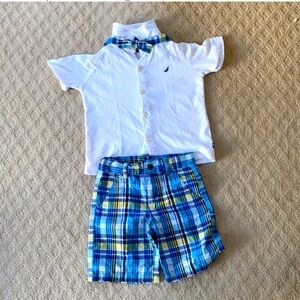 Nautica White Shirt and Plaid Shorts Set with bow